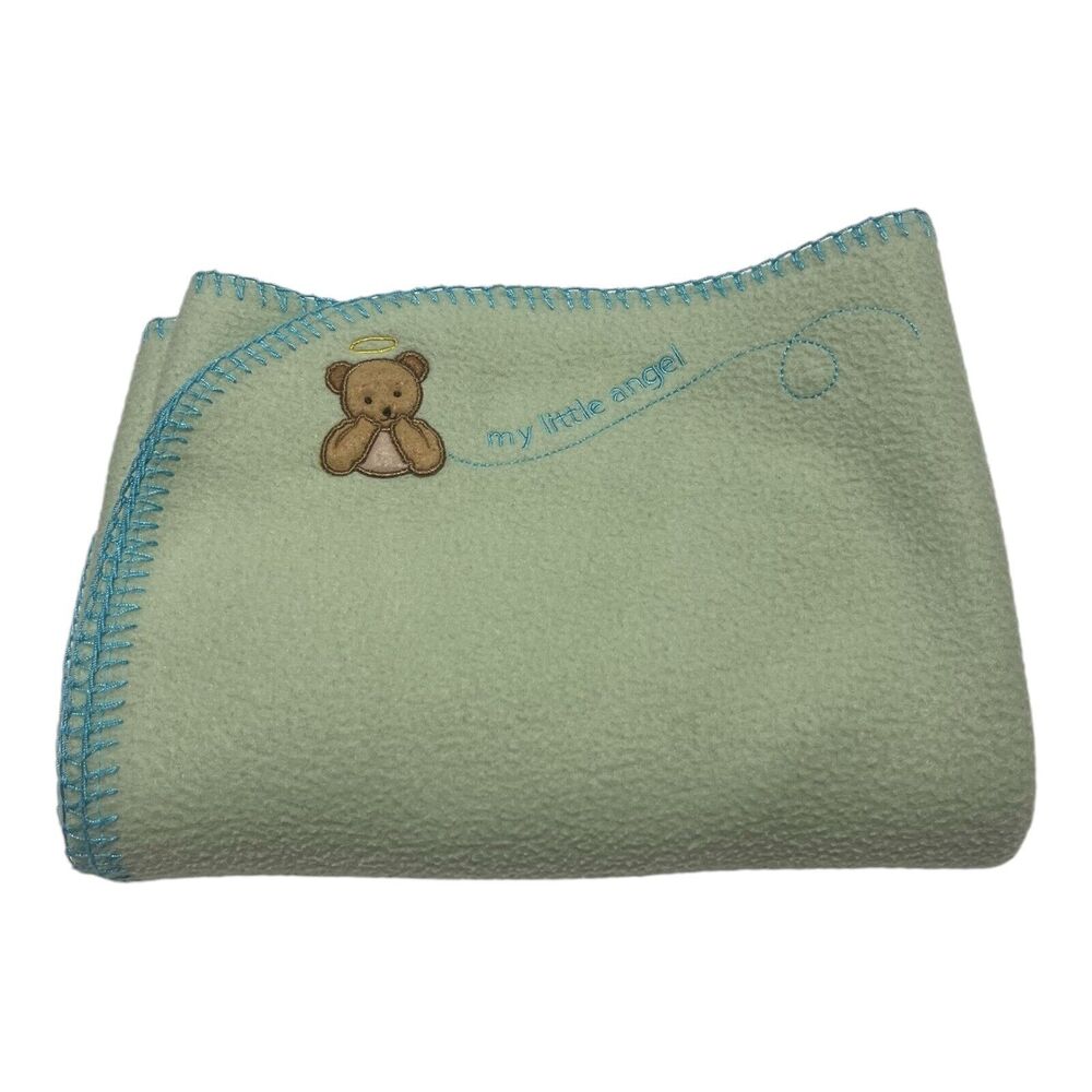 “My Little Angel” Bear Halo Green Blue Baby Blanket